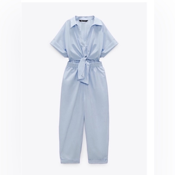 BNWT ZARA KNOTTED FRONT TIE POPLIN JUMPSUIT SZ XS - Picture 4 of 9
